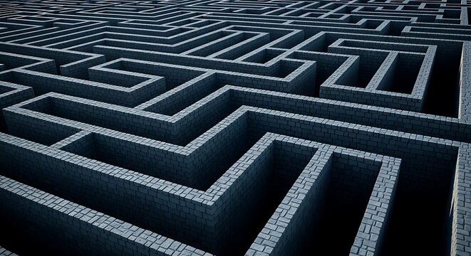 Overhead perspective of an intricate, shadowy maze constructed of gray brick
