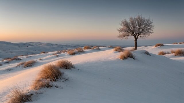Paisaje invernal con &aacute;rbol solitario sobre colinas nevadas al amanecer