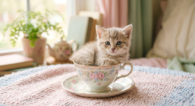 cat with cup of tea