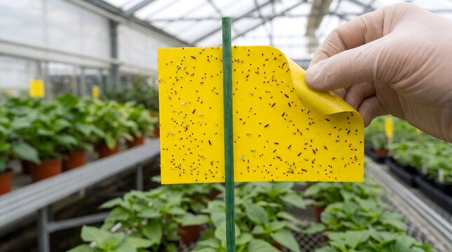 Gloved hand holding yellow sticky insect trap covered in pests inside greenhouse