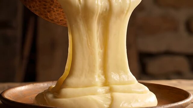 Pouring thick stretchy aligot cheese from a rustic copper pot onto a plate