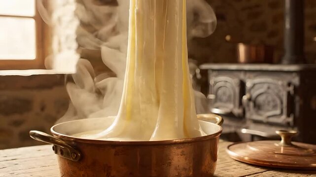 Lifting a long stretchy ribbon of steaming hot aligot cheese from a copper pot in a rustic kitchen