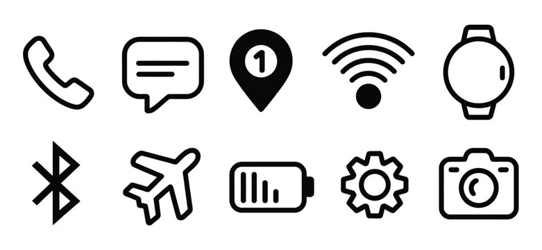 Communication and device icon set, modern vector collection featuring smartphones tablets laptops headphones chat bubbles signals and connectivity symbols, clean minimal design for apps websites inter
