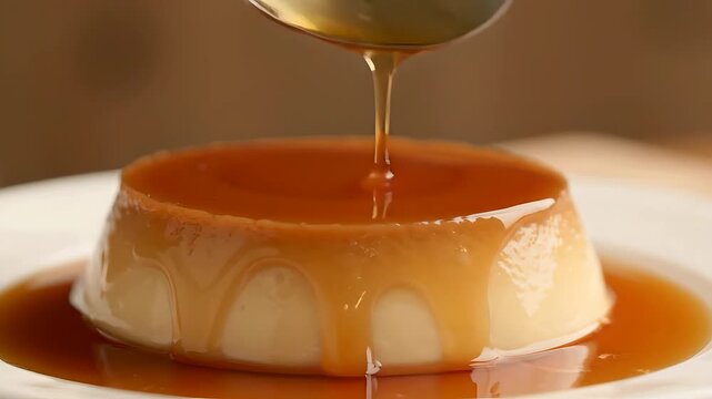 Pouring Golden Caramel Sauce over Fresh Flan Pudding Dessert in Macro Shot