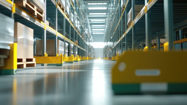 Autonomous mobile robots moving along an aisle in a high tech distribution center, transporting goods and managing inventory within a large, organized logistics facility