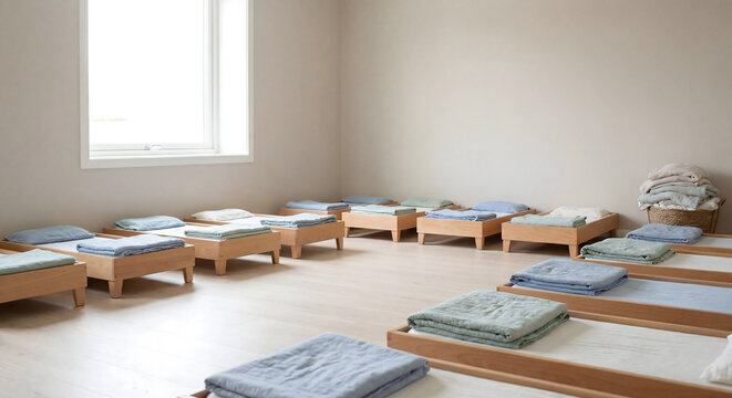 Bright and tidy daycare nap room with small wooden cots and folded blankets