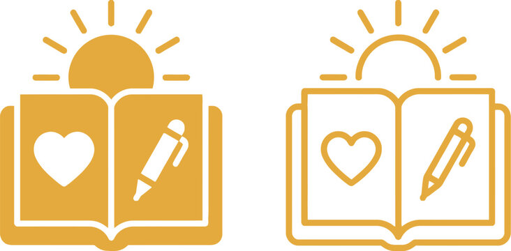 A yellow icon of an open book with a heart and pen in front of a rising sun symbolizing creative writing morning routine and self love journaling.