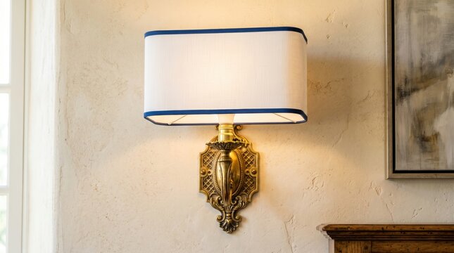 Ornate brass wall sconce with a rectangular white fabric lampshade featuring dark blue trim on a textured wall