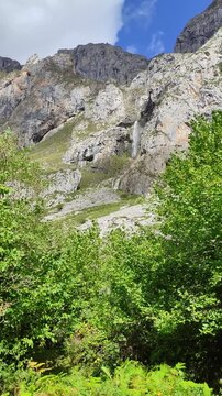 Source of the Deva River seen from the Fuente D&eacute; valley among leafy trees.