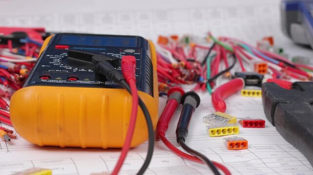 Tools and materials for assembling an electrical switchboard in the workplace.
