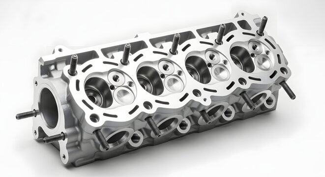 Engine cylinder head with fasteners automotive component isolated on white
