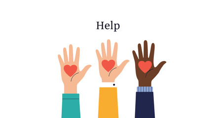 Obraz premium Three hands of different skin tones raised high with red hearts on palms beneath a simple help text for charity support.