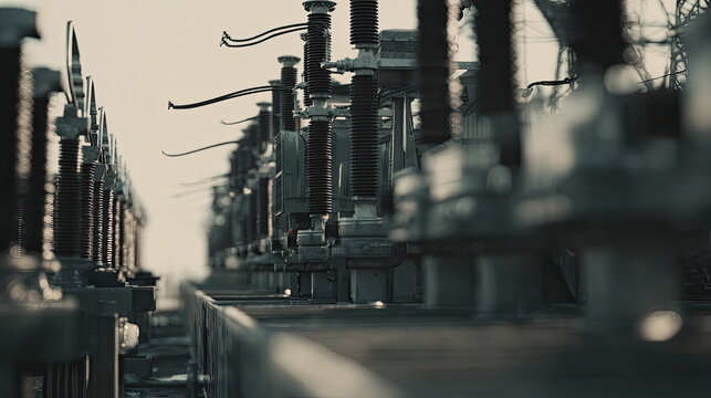 Electrical substation equipment with insulators and transformers facilitating energy transfer and distribution across a vast power grid, highlighting industrial infrastructure and technology