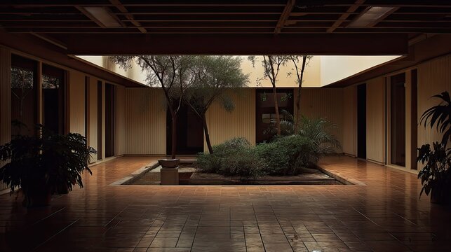 Modern architecture featuring an open air atrium garden with trees and plants, bringing natural light and a peaceful ambiance to the building interior