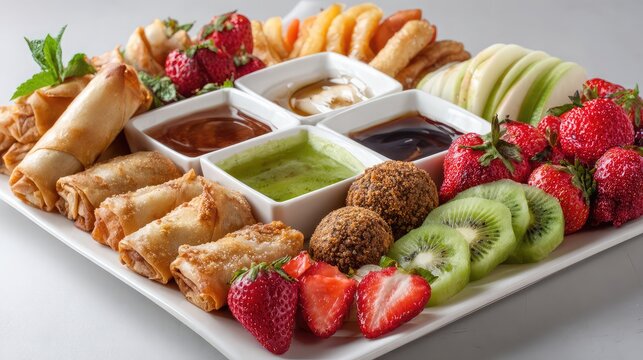 Assorted Appetizer Platter with Spring Rolls, Falafel, Fruits and Dips