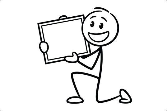 Happy stick figure kneeling and presenting a blank sign for your custom message or advertisement.
