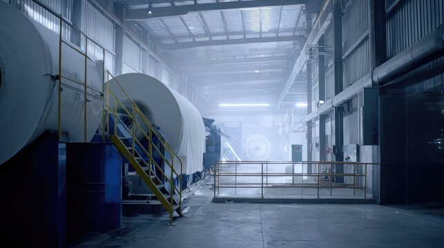 Industrial machinery manufacturing massive paper rolls within a spacious production plant, highlighting continuous manufacturing processes and the scale of the factory equipment