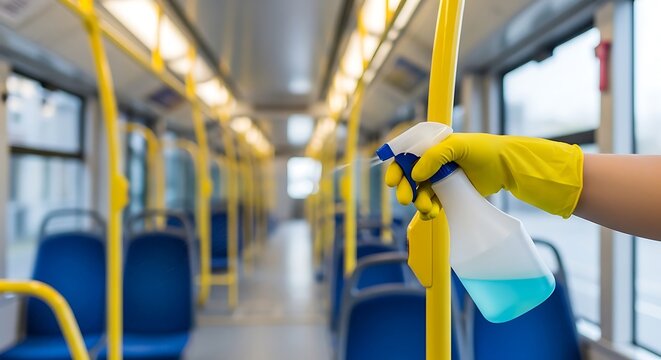 Person in yellow gloves sanitizes a public bus interior with a spray bottle, hygiene focus