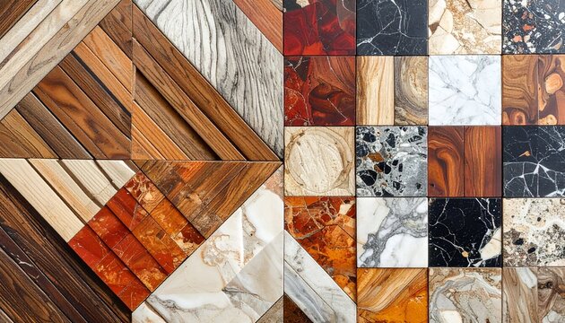 Patchwork tiles & wood, diverse textures, earthy colors form abstract patterns