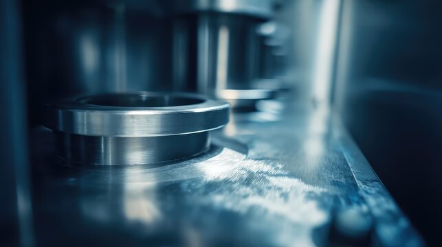 Close up of polished steel machine components in a high tech factory, highlighting precise engineering, chrome gears and parts, automation, and modern manufacturing detail and movement