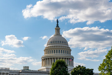 Naklejka premium Architecture view on dome with column. Famous Capitol in Washington DC. Washington DC landmark. Senate and House in Washington DC. Capitol dome. Historic Capitol by the national flag