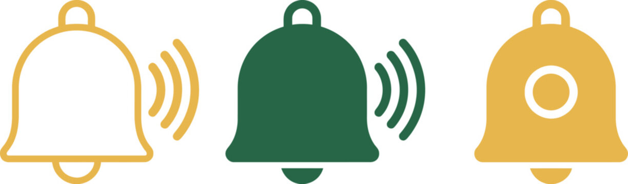 Set of colorful bell notification icons with sound waves in gold and green flat styles for website alerts mobile applications and digital communication interface design.