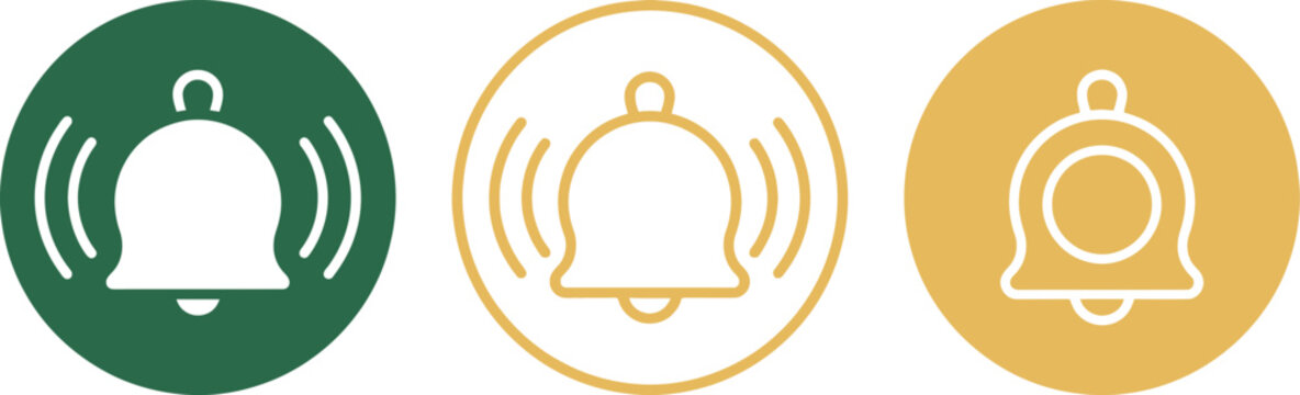 Set of modern ringing bell notification icons in green and gold colors, perfect for mobile app alerts, message reminders, and user interface design elements.
