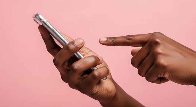 Person's dark hand holding and pointing at smartphone against pink backdrop