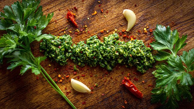 Chimichurri arranged along a zigzag path across frame, guiding eye movement