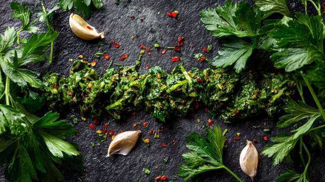 Chimichurri arranged along a zigzag path across frame, guiding eye movement