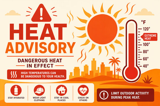 Extreme heat advisory infographic with safety tips and thermometer