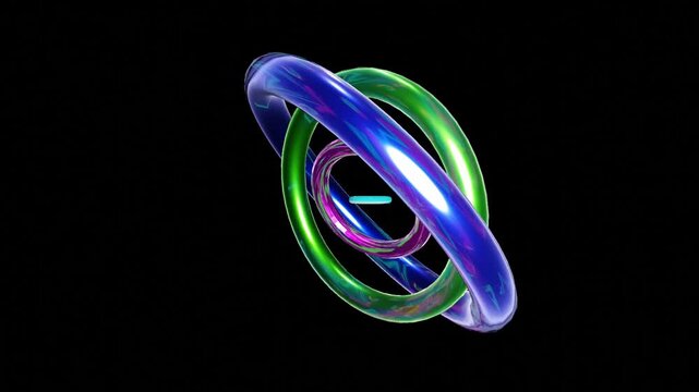 20 seconds seamless looping metallic perpendicular rings rotating turning psychedelic pattern mathematics black background animation screensaver motion graphics visualizer hd video 