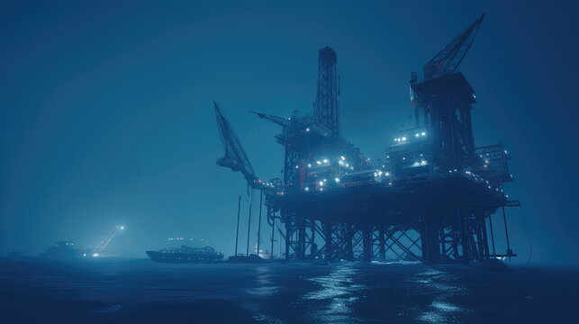 Offshore oil platform drilling for energy at night, with bright lights illuminating the industrial structure, surrounded by support vessels on a dark, foggy ocean