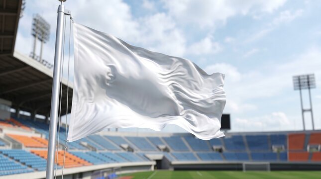 Bandeira branca em est&aacute;dio de futebol com c&eacute;u azul.