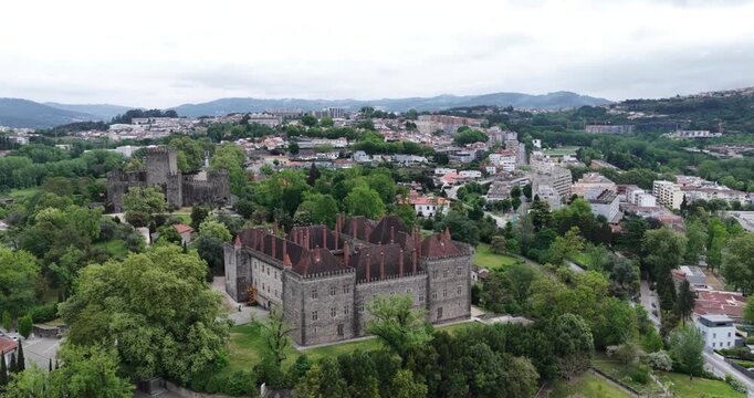 Guimaraes palace of the dukes and castle aerial view portugal