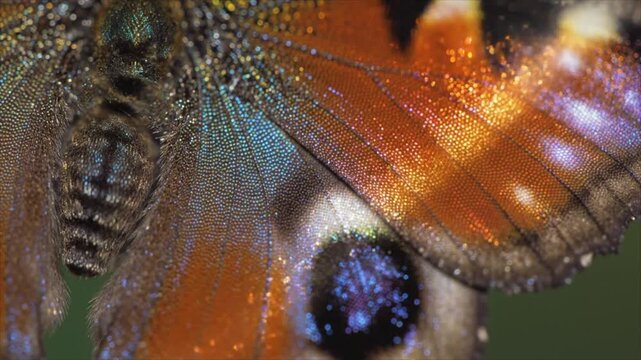 A mesmerizing macro close-up reveals the intricate, iridescent scales and vibrant orange-blue hues on a butterfly's wing, showcasing nature's delicate artistry and breathtaking detail