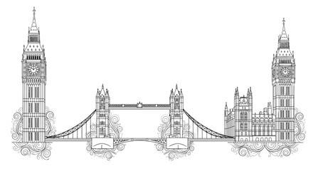 Obraz premium Detailed black and white line drawing of iconic London landmarks including Big Ben tower and Tower Bridge on white.
