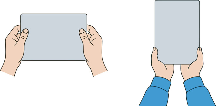 Illustration showing two different ways to hold a tablet device with hands in horizontal and vertical positions for proper usage and handling instructions