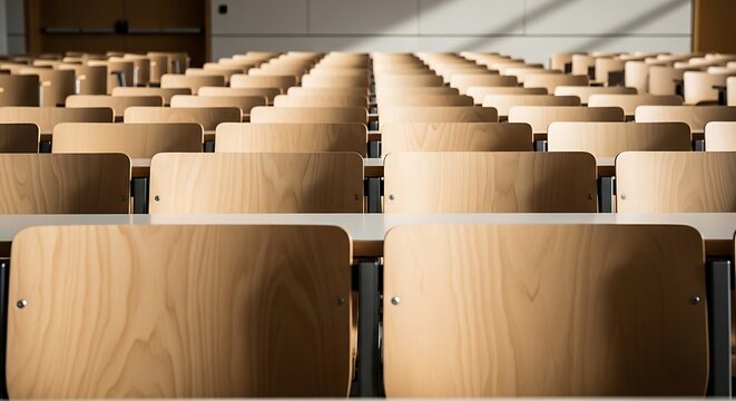 Rows of empty wooden chairs face forward in a brightly lit lecture hall, anticipating students