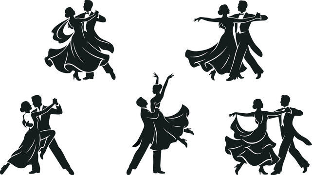 Elegant Ballroom Dance Silhouette Collection Featuring Couples Performing Waltz, Tango, and Foxtrot for Dance Studio Logos, Event Invitations, Competition Posters, and Wedding Performance Designs