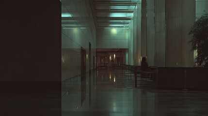 Naklejka premium Modern office building lobby with sleek architecture and reflective floors, creating a sense of quiet solitude and contemporary design in the long, vacant hallway after hours