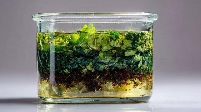 Chimichurri layered in a transparent container with visible depth and stratification