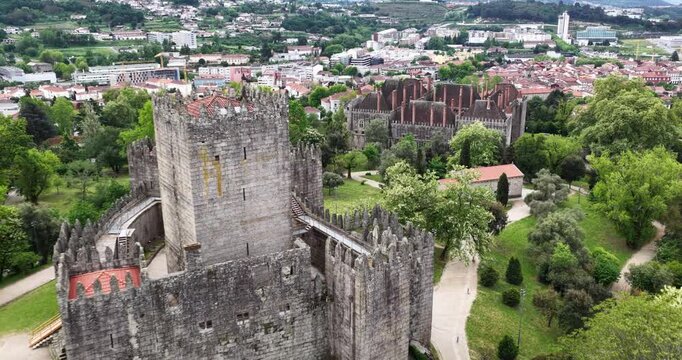 Guimaraes Castle aerial view showing ancient fortress Portugal