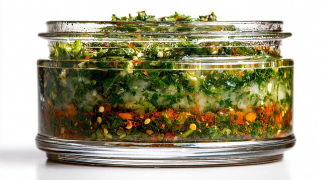 Chimichurri layered in a transparent container with visible depth and stratification