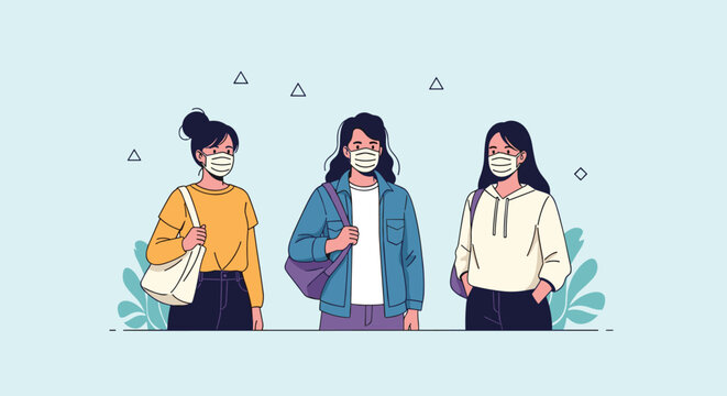 Diverse young women wearing protective medical face masks to prevent the spread of virus, bacteria, or seasonal allergies in a city environment.