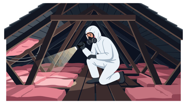 A technician wearing a sterile white protective coverall kneels on wooden floor joists in an attic space while examining pink insulation batts with a bright flashlight.