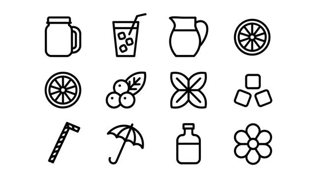 Set of summer drink and fresh fruit outline icons including orange slice berries and beverage glass