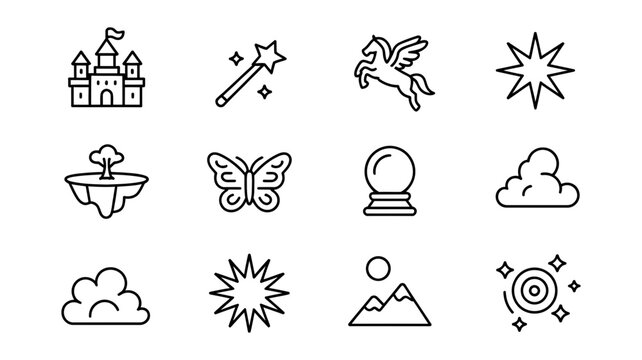 Magical fantasy and fairy tale adventure elements vector icon set with butterfly mountain adventure