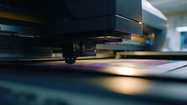 Industrial flatbed printer head advancing across a large surface, printing colorful graphics for professional production, technology, and advertising concepts