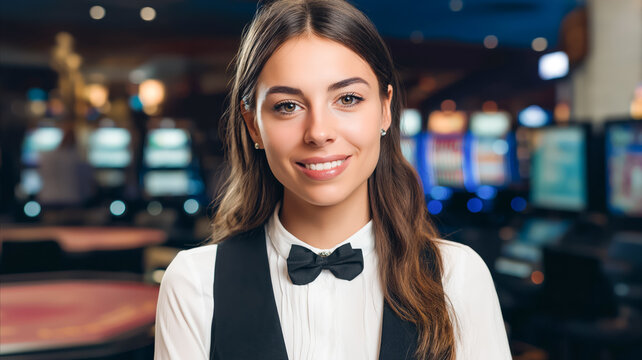 Portrait of beautiful female bartender or casino dealer in elegant outfit standing in luxury casino interior. Concept of nightlife, gambling entertainment, hospitality and premium service